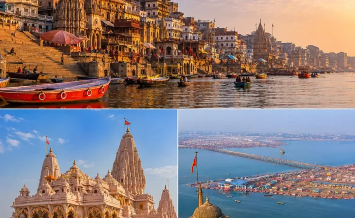 Varanasi Ayodhya Prayagraj Tour Package featuring Kashi Vishwanath Temple, Shri Ram Janmabhoomi Mandir, Triveni Sangam and Ganga Aarti.