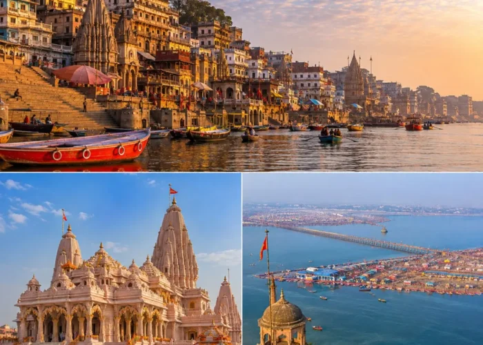 Varanasi Ayodhya Prayagraj Tour Package featuring Kashi Vishwanath Temple, Shri Ram Janmabhoomi Mandir, Triveni Sangam and Ganga Aarti.
