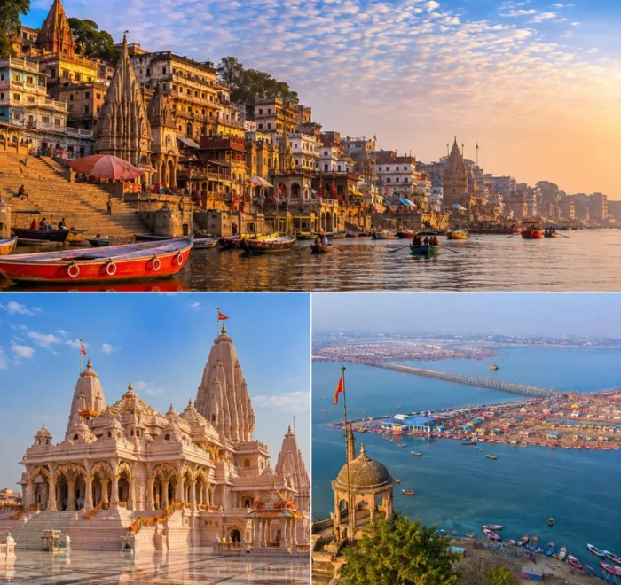 Varanasi Ayodhya Prayagraj Tour Package featuring Kashi Vishwanath Temple, Shri Ram Janmabhoomi Mandir, Triveni Sangam and Ganga Aarti.