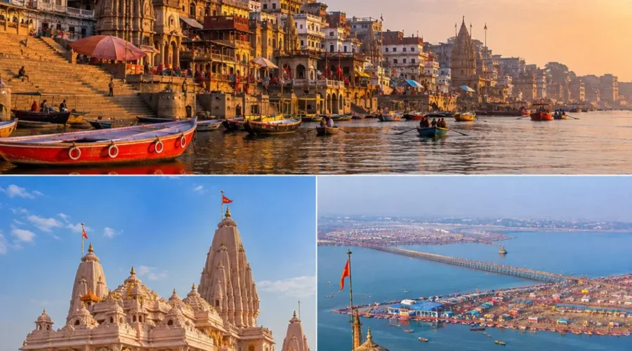 Varanasi Ayodhya Prayagraj Tour Package featuring Kashi Vishwanath Temple, Shri Ram Janmabhoomi Mandir, Triveni Sangam and Ganga Aarti.