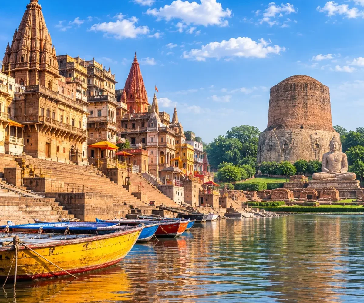 Varanasi Sarnath Tour Package featuring Kashi Vishwanath Temple, Dashashwamedh Ghat, Ganga Aarti, Dhamek Stupa and Sarnath Buddhist monuments.