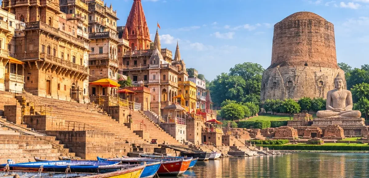 Varanasi Sarnath Tour Package featuring Kashi Vishwanath Temple, Dashashwamedh Ghat, Ganga Aarti, Dhamek Stupa and Sarnath Buddhist monuments.