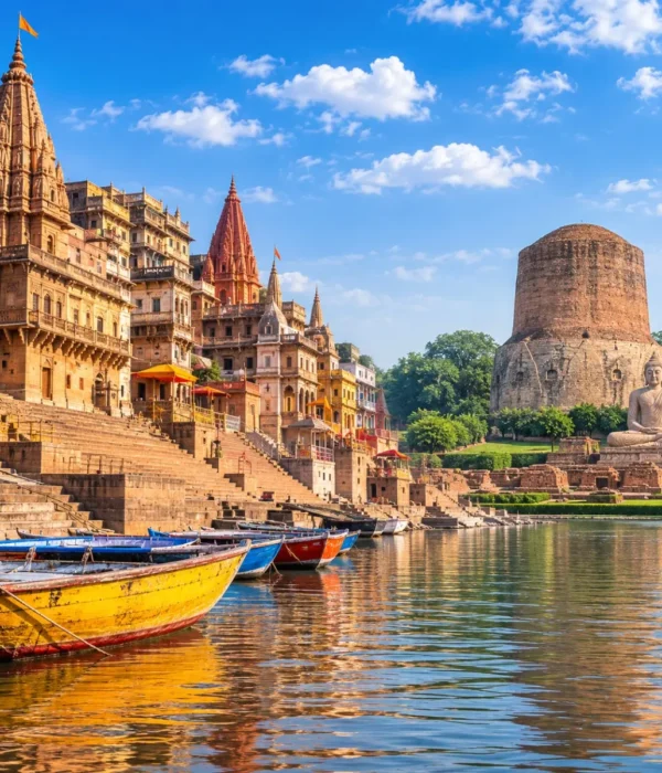Varanasi Sarnath Tour Package featuring Kashi Vishwanath Temple, Dashashwamedh Ghat, Ganga Aarti, Dhamek Stupa and Sarnath Buddhist monuments.