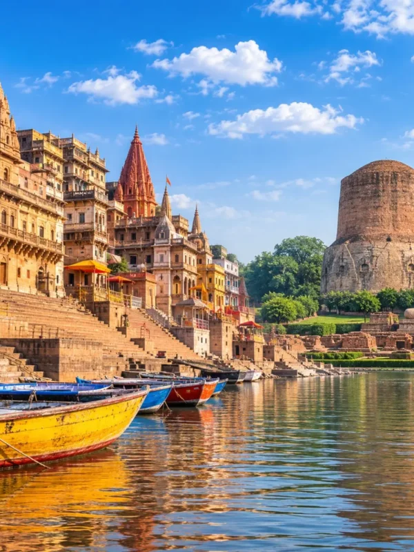 Varanasi Sarnath Tour Package featuring Kashi Vishwanath Temple, Dashashwamedh Ghat, Ganga Aarti, Dhamek Stupa and Sarnath Buddhist monuments.
