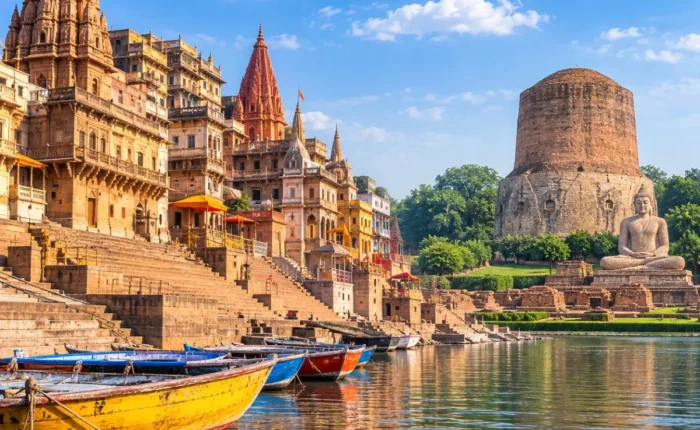 Varanasi Sarnath Tour Package featuring Kashi Vishwanath Temple, Dashashwamedh Ghat, Ganga Aarti, Dhamek Stupa and Sarnath Buddhist monuments.