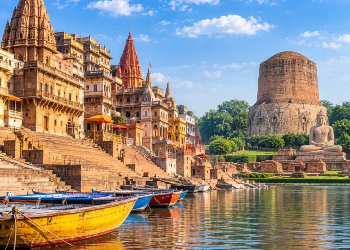 Varanasi Sarnath Tour Package featuring Kashi Vishwanath Temple, Dashashwamedh Ghat, Ganga Aarti, Dhamek Stupa and Sarnath Buddhist monuments.