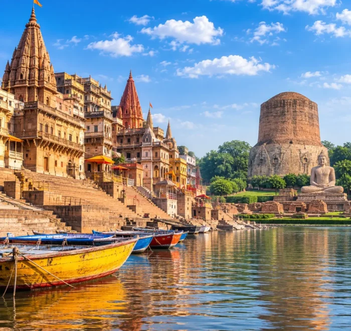 Varanasi Sarnath Tour Package featuring Kashi Vishwanath Temple, Dashashwamedh Ghat, Ganga Aarti, Dhamek Stupa and Sarnath Buddhist monuments.