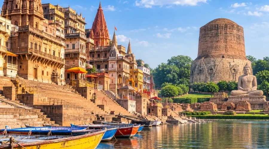 Varanasi Sarnath Tour Package featuring Kashi Vishwanath Temple, Dashashwamedh Ghat, Ganga Aarti, Dhamek Stupa and Sarnath Buddhist monuments.