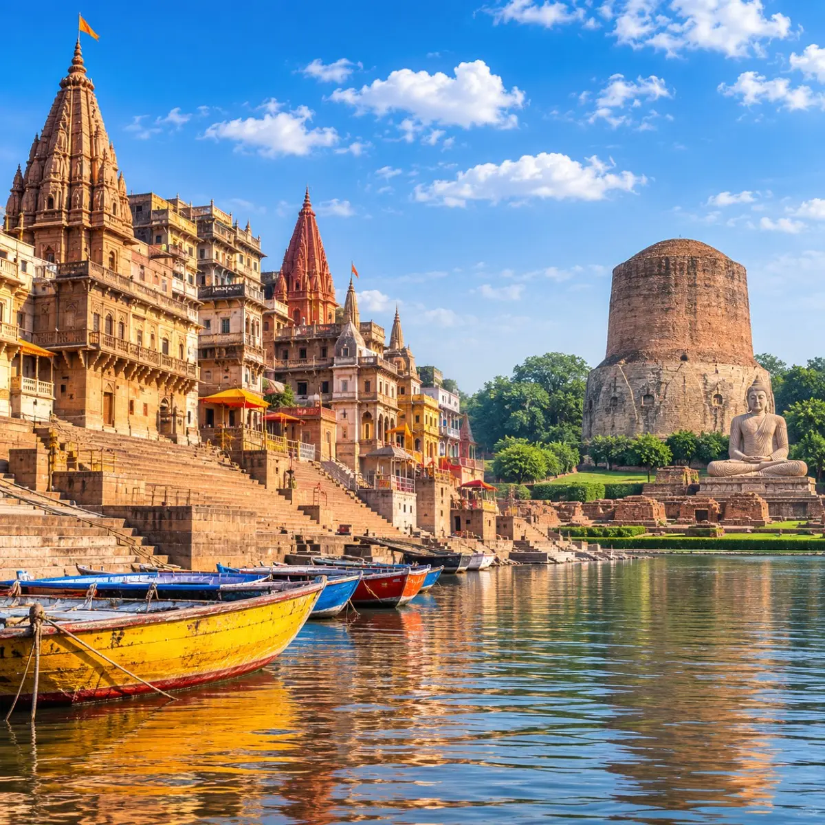 Varanasi Sarnath Tour Package featuring Kashi Vishwanath Temple, Dashashwamedh Ghat, Ganga Aarti, Dhamek Stupa and Sarnath Buddhist monuments.