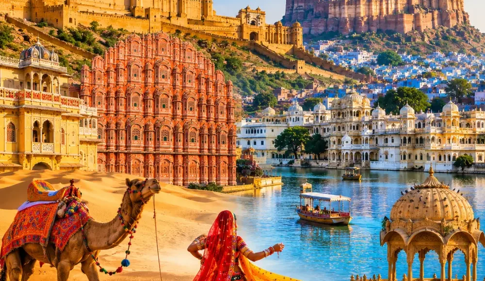 Rajasthan with royal forts, desert landscapes, palaces, blue city views and clear morning heritage scenery.