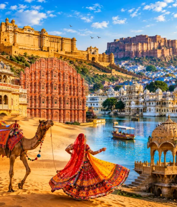 Rajasthan with royal forts, desert landscapes, palaces, blue city views and clear morning heritage scenery.