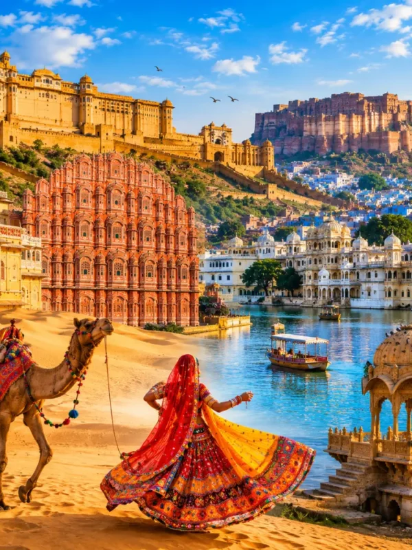 Rajasthan with royal forts, desert landscapes, palaces, blue city views and clear morning heritage scenery.