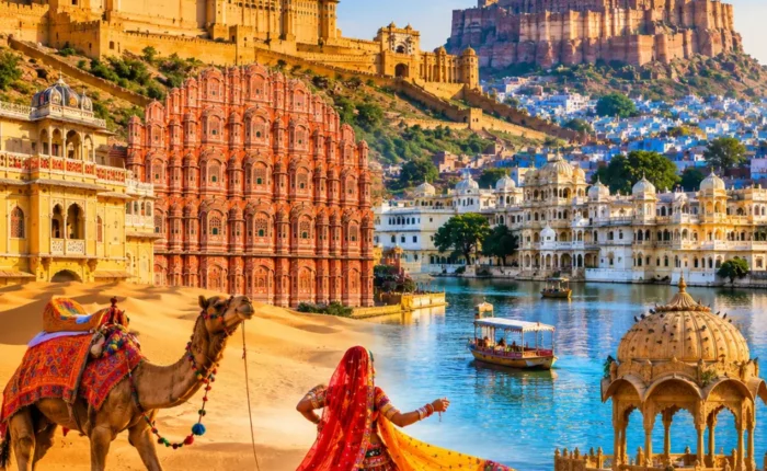 Rajasthan with royal forts, desert landscapes, palaces, blue city views and clear morning heritage scenery.