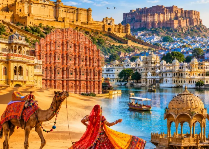 Rajasthan with royal forts, desert landscapes, palaces, blue city views and clear morning heritage scenery.