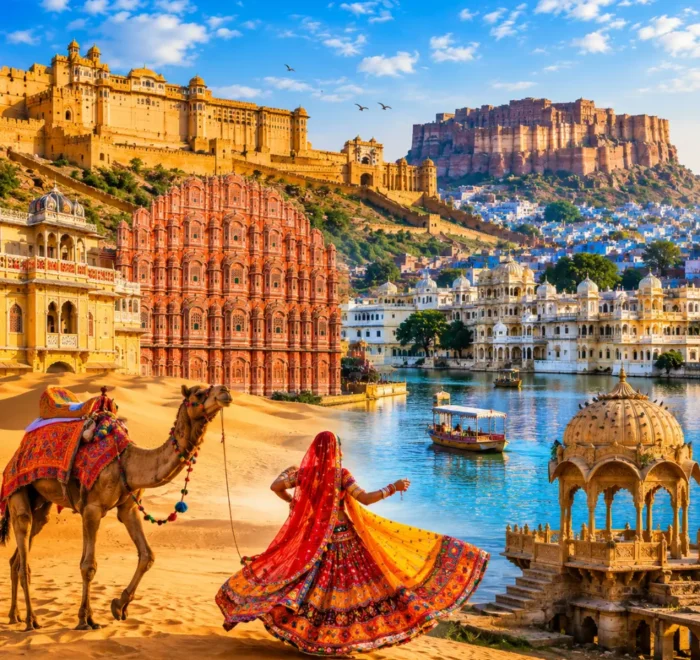 Rajasthan with royal forts, desert landscapes, palaces, blue city views and clear morning heritage scenery.
