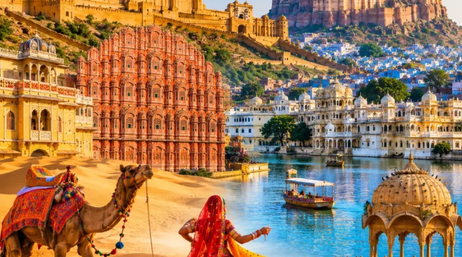 Rajasthan with royal forts, desert landscapes, palaces, blue city views and clear morning heritage scenery.