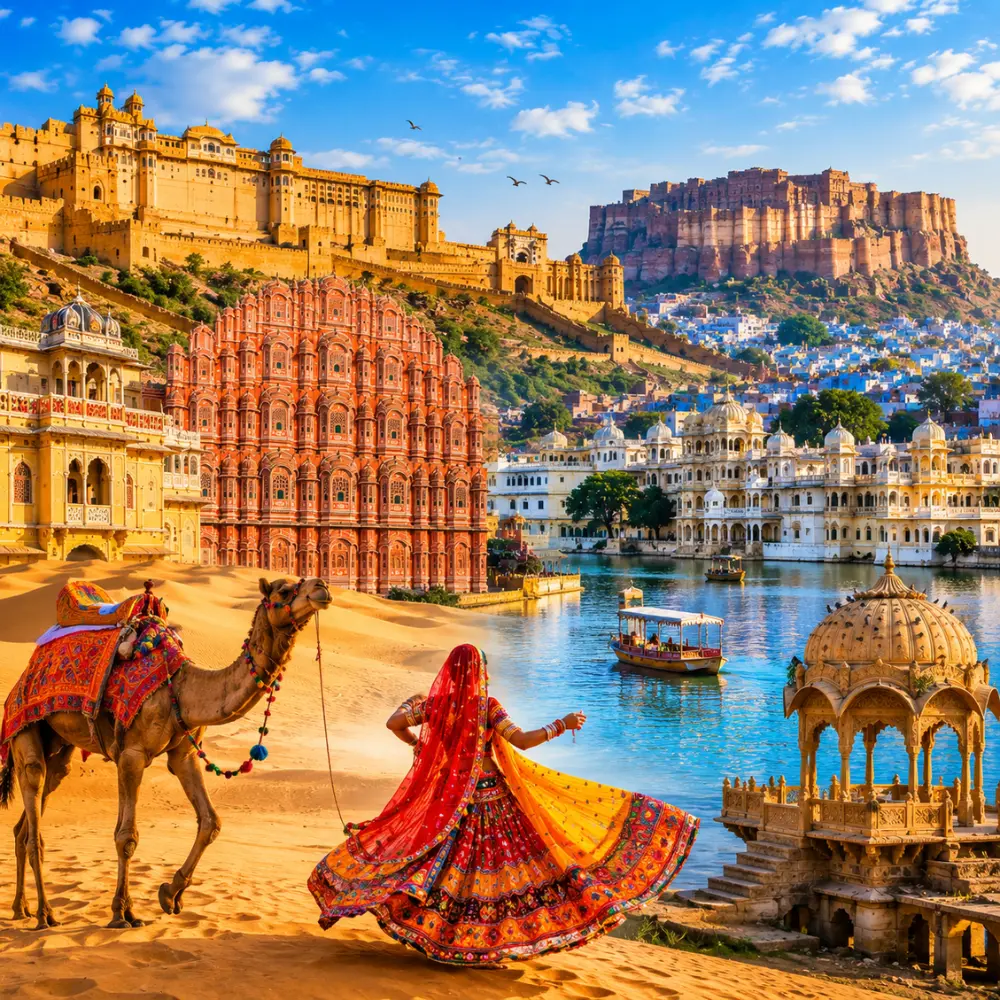 Rajasthan with royal forts, desert landscapes, palaces, blue city views and clear morning heritage scenery.