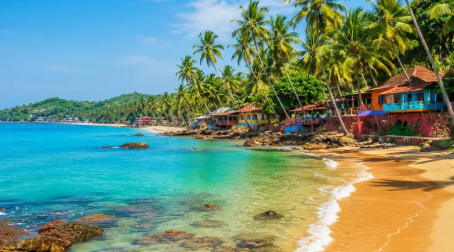 Goa beach with golden sand, blue sea, coconut palms and clear morning daylight for a tropical holiday escape.