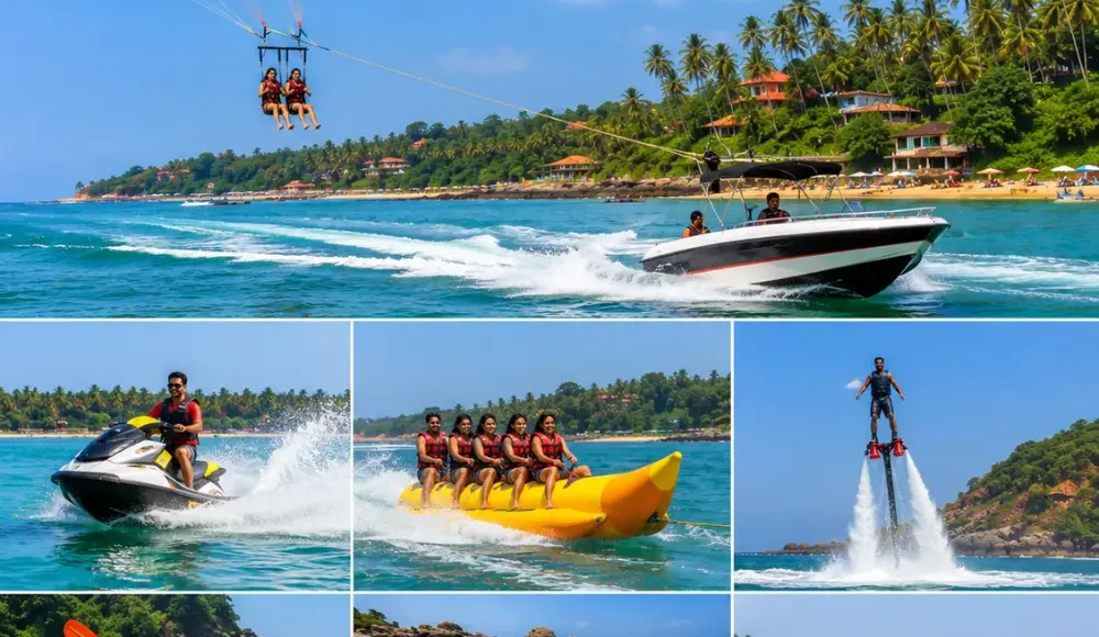 Goa water activities with parasailing, jet skiing, banana boat rides, blue sea and clear morning beach views.