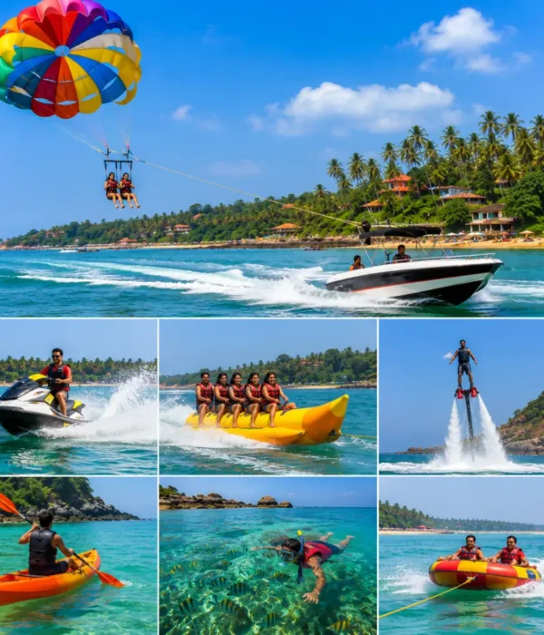 Goa water activities with parasailing, jet skiing, banana boat rides, blue sea and clear morning beach views.