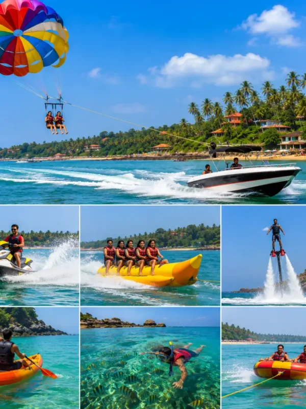 Goa water activities with parasailing, jet skiing, banana boat rides, blue sea and clear morning beach views.