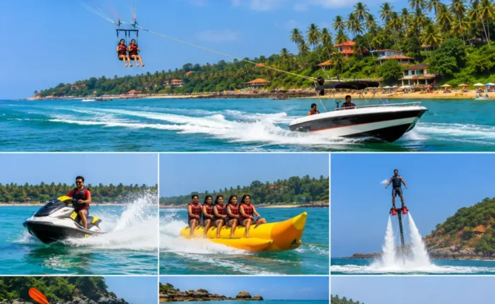 Goa water activities with parasailing, jet skiing, banana boat rides, blue sea and clear morning beach views.