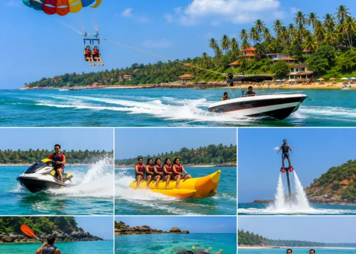 Goa water activities with parasailing, jet skiing, banana boat rides, blue sea and clear morning beach views.