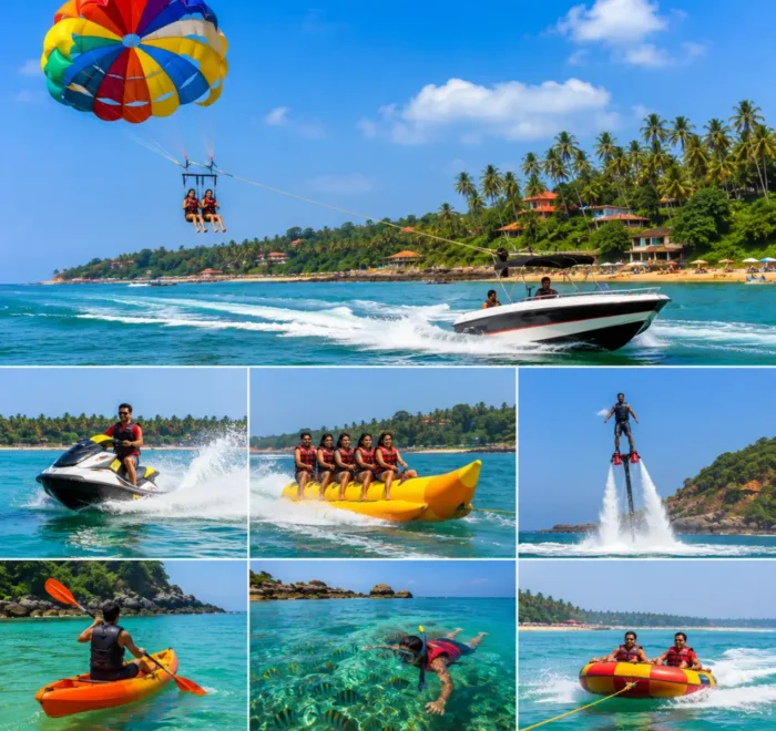 Goa water activities with parasailing, jet skiing, banana boat rides, blue sea and clear morning beach views.
