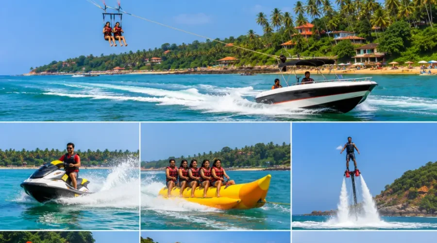 Goa water activities with parasailing, jet skiing, banana boat rides, blue sea and clear morning beach views.