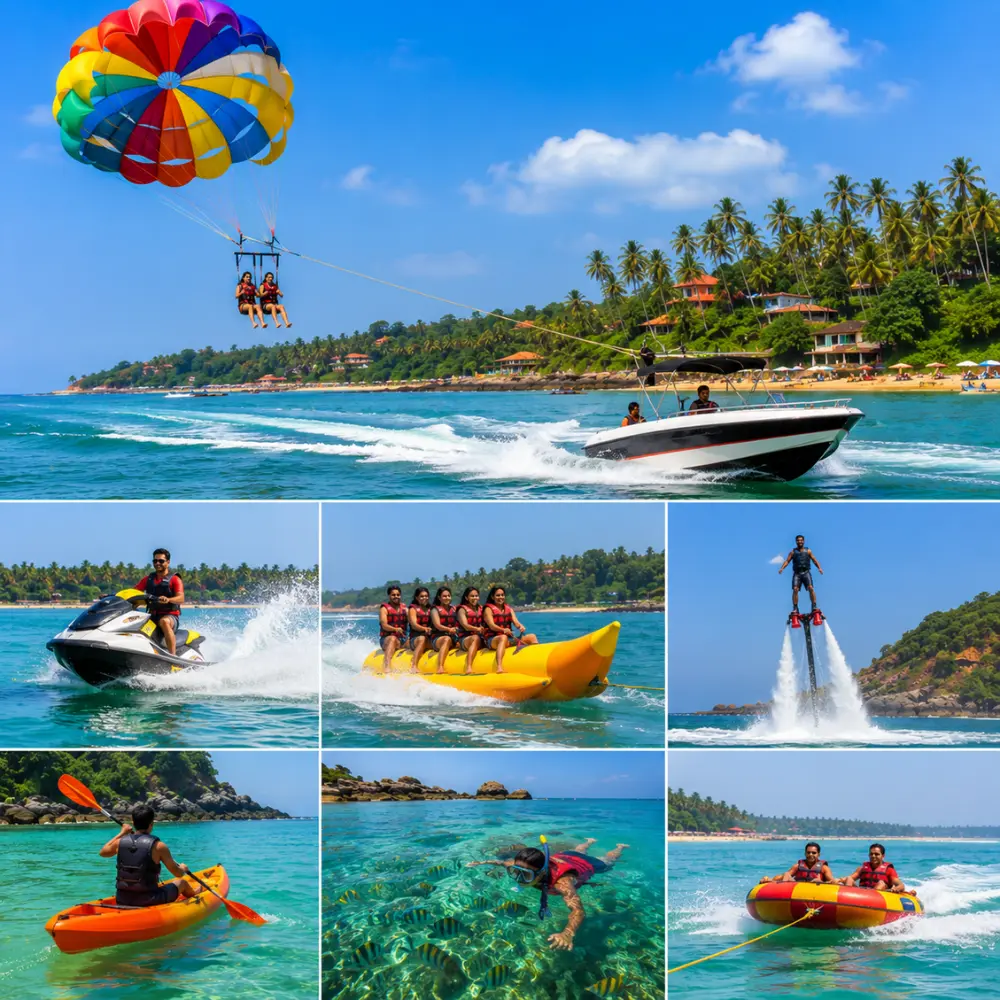 Goa water activities with parasailing, jet skiing, banana boat rides, blue sea and clear morning beach views.