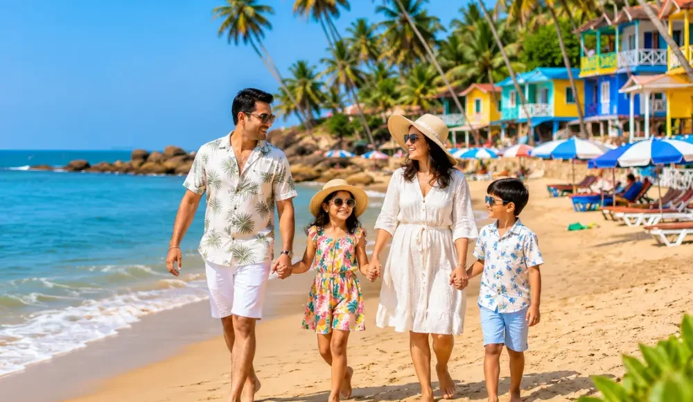 Family holiday in Goa with golden beach, blue Arabian Sea, coconut palms and clear morning coastal atmosphere.
