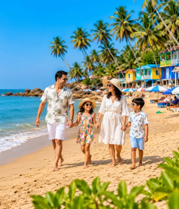 Family holiday in Goa with golden beach, blue Arabian Sea, coconut palms and clear morning coastal atmosphere.