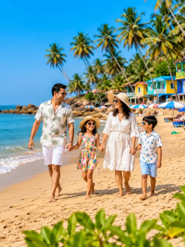 Family holiday in Goa with golden beach, blue Arabian Sea, coconut palms and clear morning coastal atmosphere.
