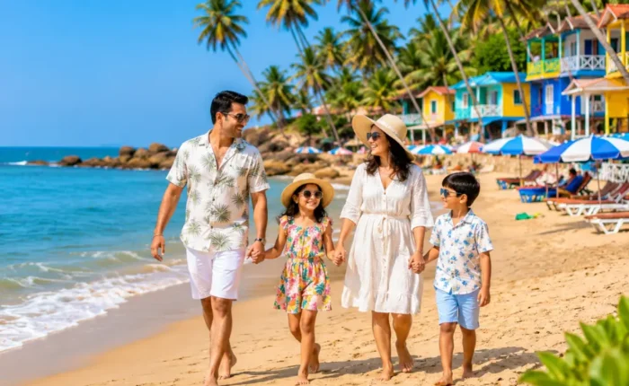 Family holiday in Goa with golden beach, blue Arabian Sea, coconut palms and clear morning coastal atmosphere.