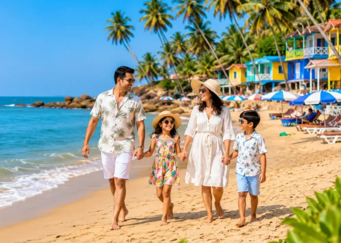 Family holiday in Goa with golden beach, blue Arabian Sea, coconut palms and clear morning coastal atmosphere.