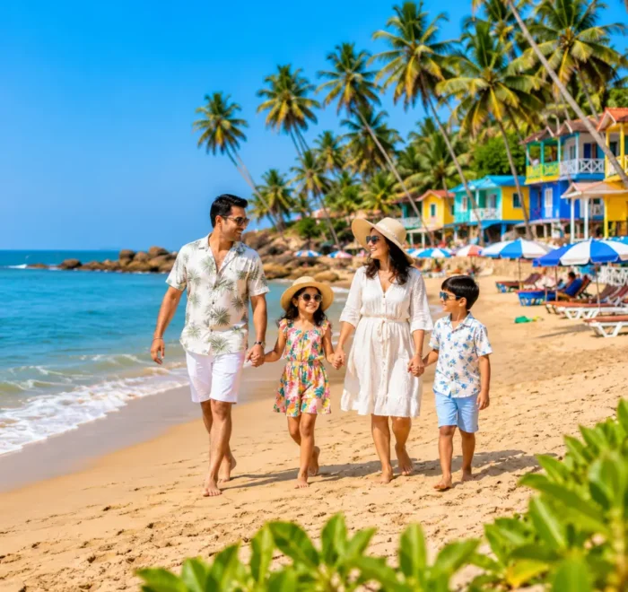 Family holiday in Goa with golden beach, blue Arabian Sea, coconut palms and clear morning coastal atmosphere.