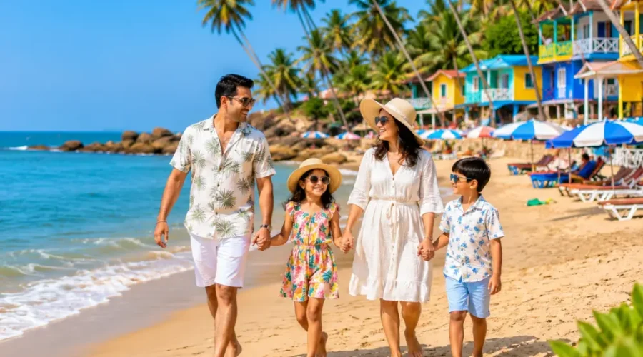 Family holiday in Goa with golden beach, blue Arabian Sea, coconut palms and clear morning coastal atmosphere.