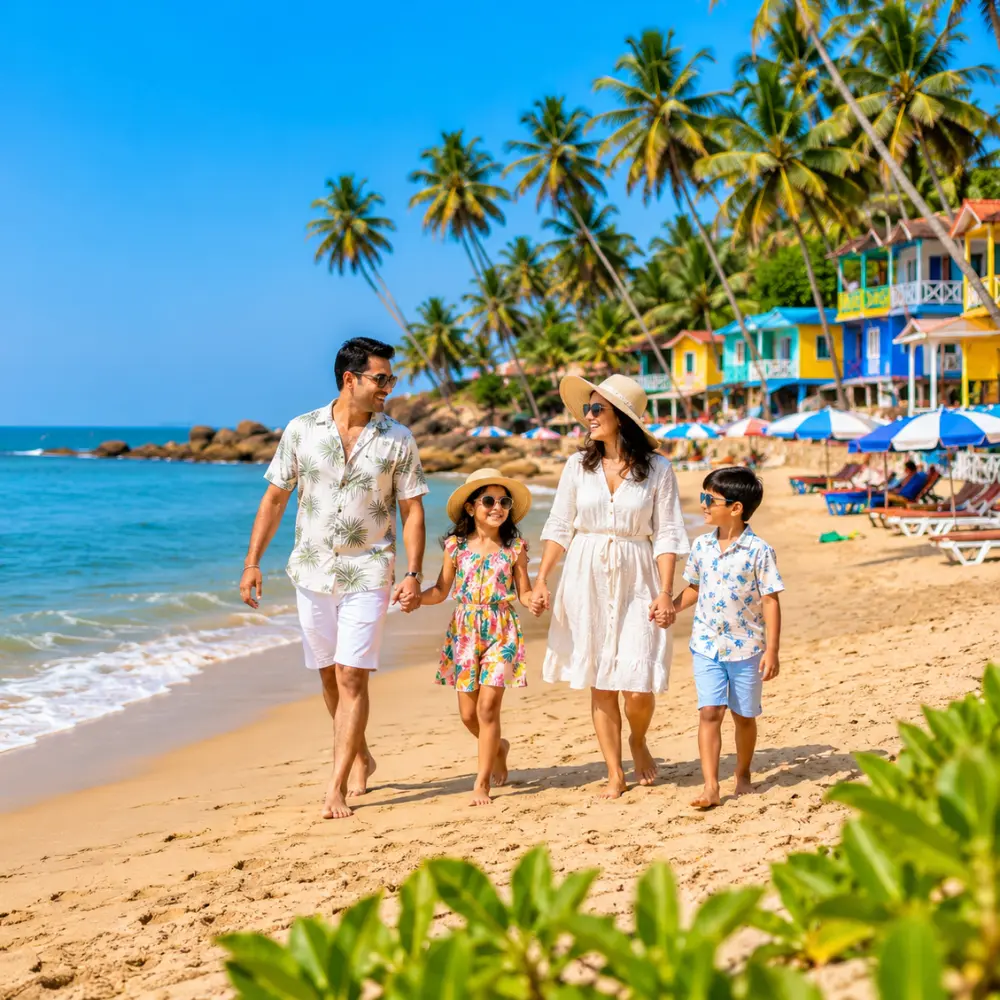 Family holiday in Goa with golden beach, blue Arabian Sea, coconut palms and clear morning coastal atmosphere.