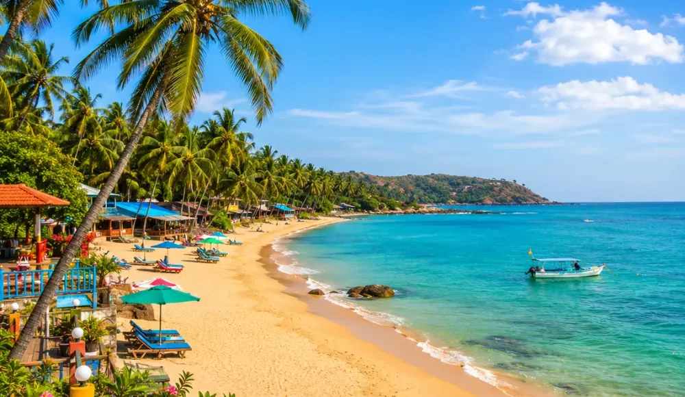 Beautiful Goa beach with golden sand, blue Arabian Sea, coconut palms and peaceful clear morning tropical views.
