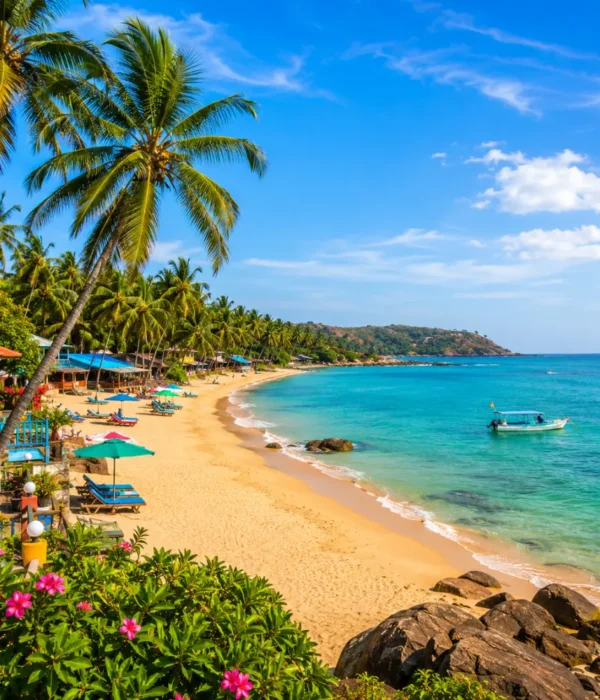 Beautiful Goa beach with golden sand, blue Arabian Sea, coconut palms and peaceful clear morning tropical views.