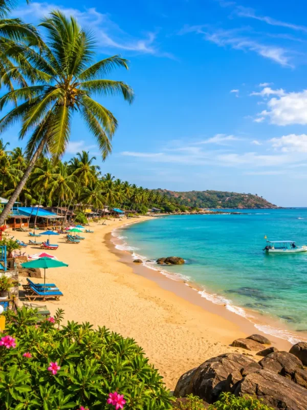 Beautiful Goa beach with golden sand, blue Arabian Sea, coconut palms and peaceful clear morning tropical views.