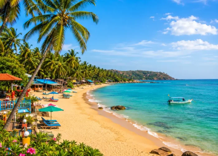 Beautiful Goa beach with golden sand, blue Arabian Sea, coconut palms and peaceful clear morning tropical views.