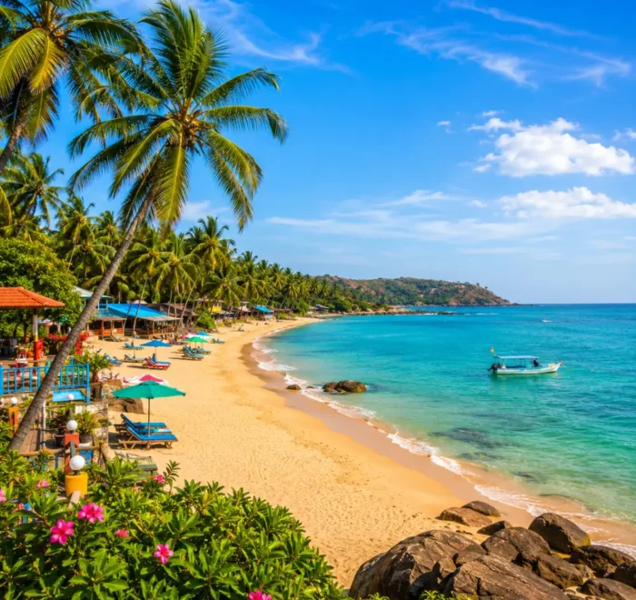 Beautiful Goa beach with golden sand, blue Arabian Sea, coconut palms and peaceful clear morning tropical views.