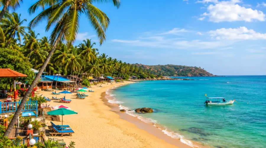 Beautiful Goa beach with golden sand, blue Arabian Sea, coconut palms and peaceful clear morning tropical views.
