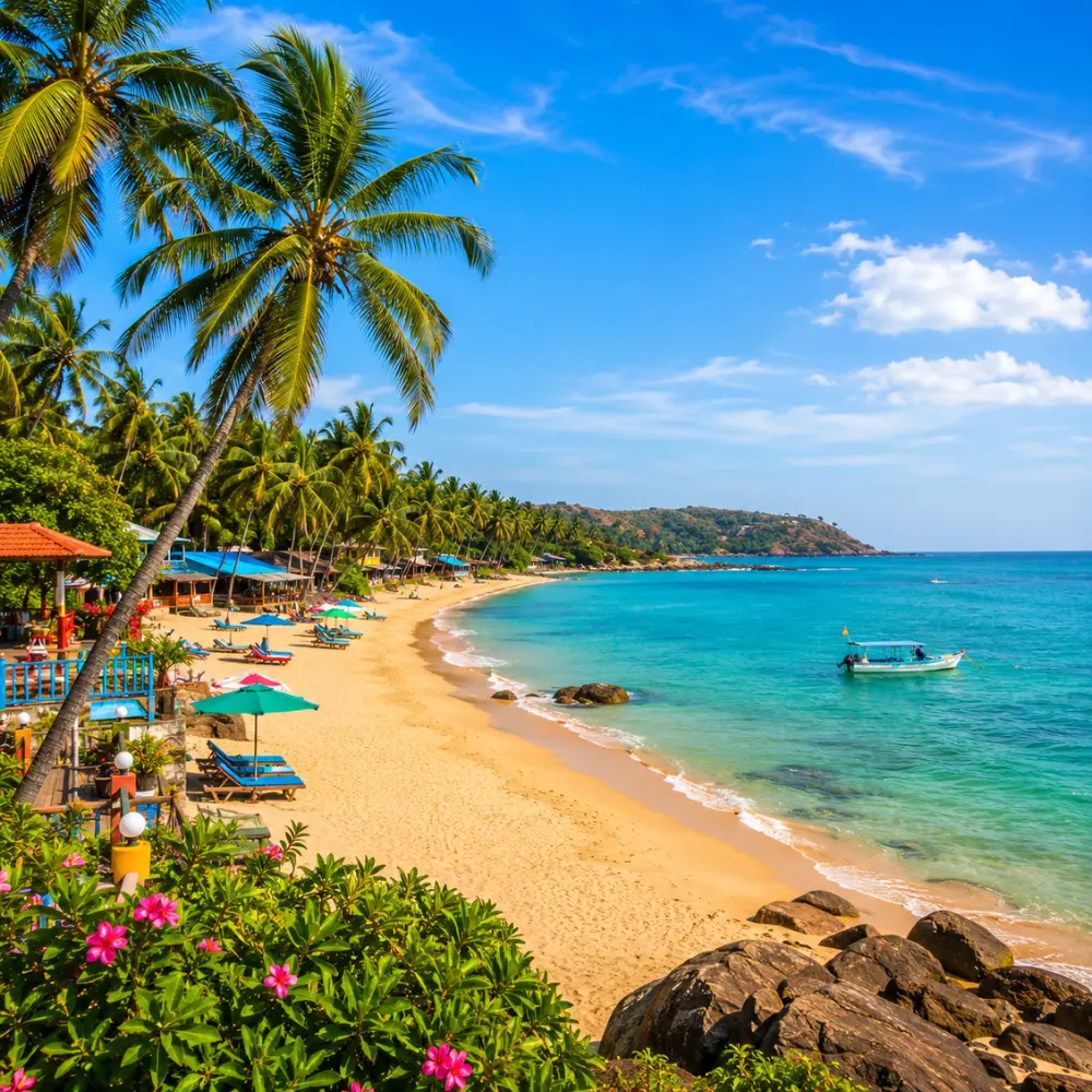 Beautiful Goa beach with golden sand, blue Arabian Sea, coconut palms and peaceful clear morning tropical views.