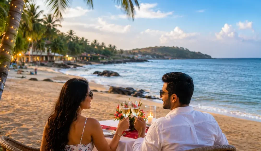 Goa honeymoon couple enjoying a peaceful beach with blue Arabian Sea, coconut palms and clear morning light.