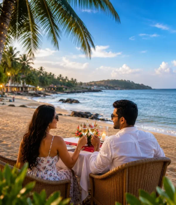 Goa honeymoon couple enjoying a peaceful beach with blue Arabian Sea, coconut palms and clear morning light.