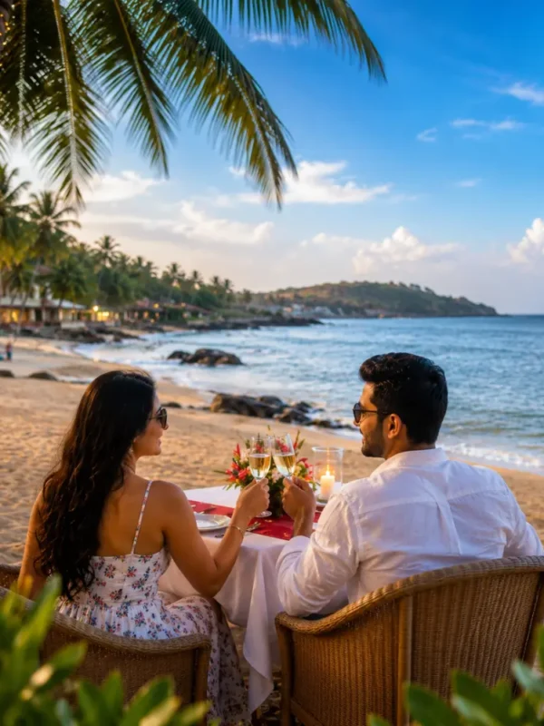 Goa honeymoon couple enjoying a peaceful beach with blue Arabian Sea, coconut palms and clear morning light.