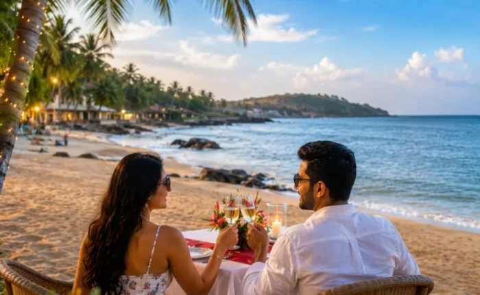 Goa honeymoon couple enjoying a peaceful beach with blue Arabian Sea, coconut palms and clear morning light.