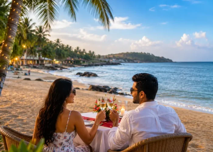 Goa honeymoon couple enjoying a peaceful beach with blue Arabian Sea, coconut palms and clear morning light.